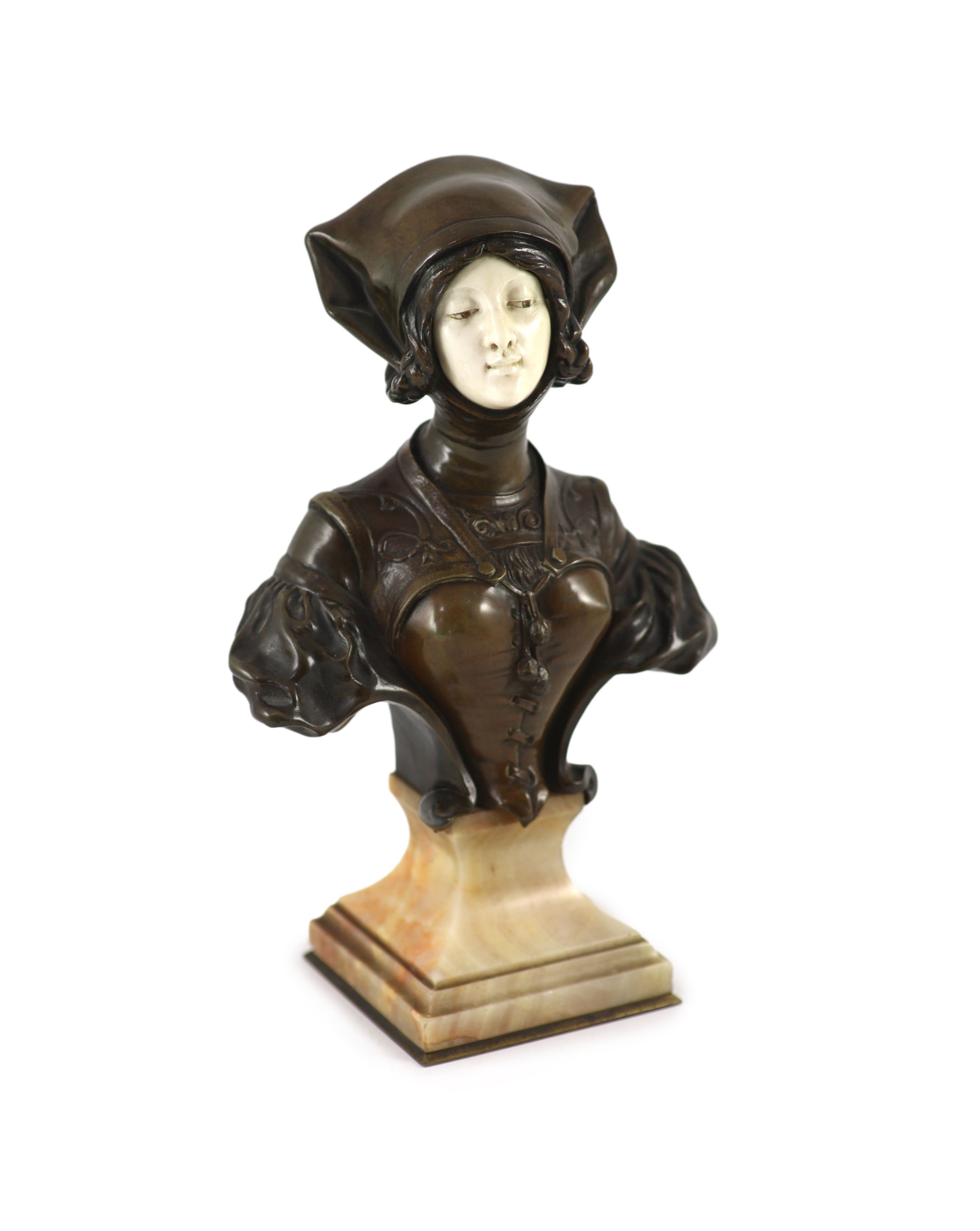 Francois Alphonse Piquemal (1869-1911) a French bronze and ivory bust of a medieval lady, c.1900, width 19cm height 28cm